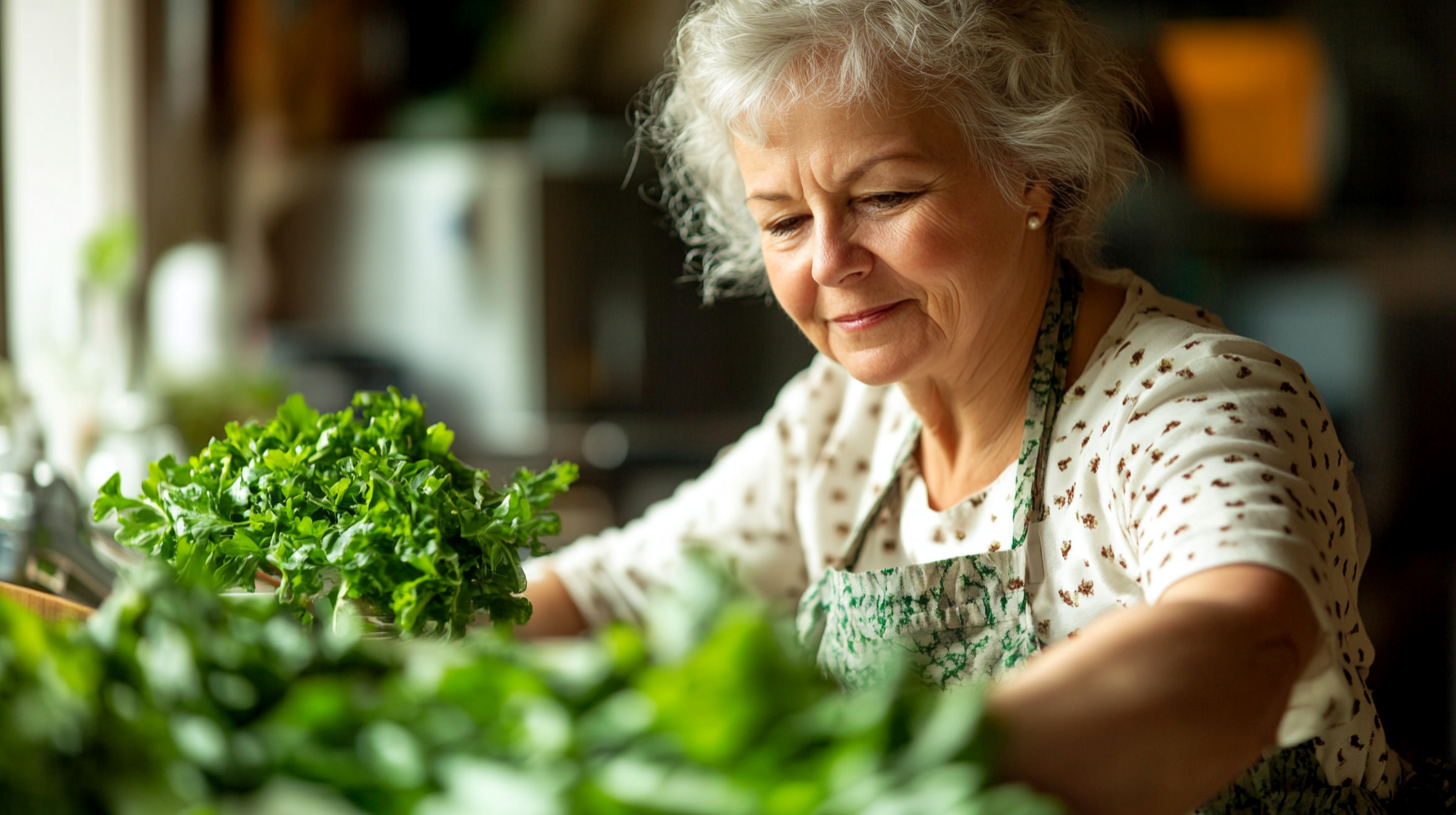 Старша жінка готує здорову їжу на кухні